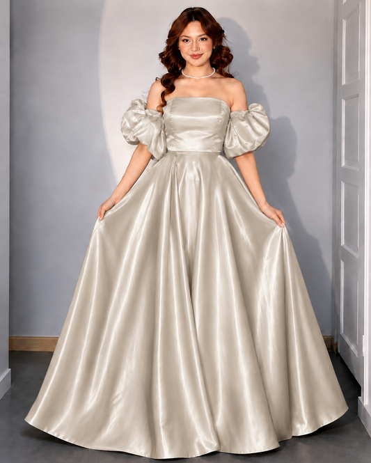Ivory Satin Off-Shoulder Puff Sleeve Maxi Gown