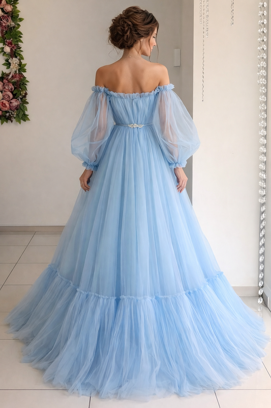 Women’s Luxury Sky Blue Off-Shoulder Tulle Ball Gown with Puff Sleeves