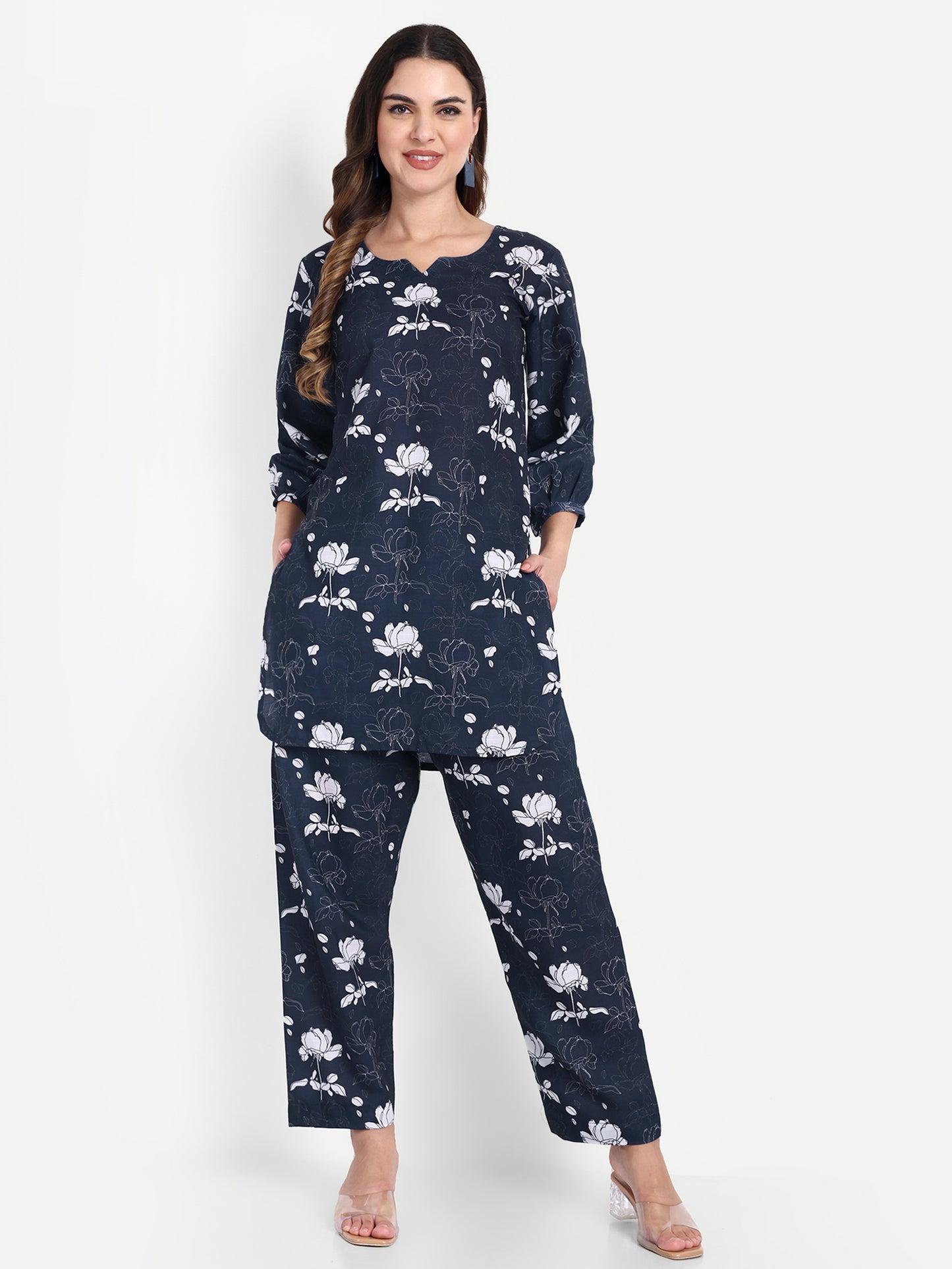 Elegant Women Co-ord Set – Stylish Matching Top & Bottom Outfit for Casual & Party Wear dark navy