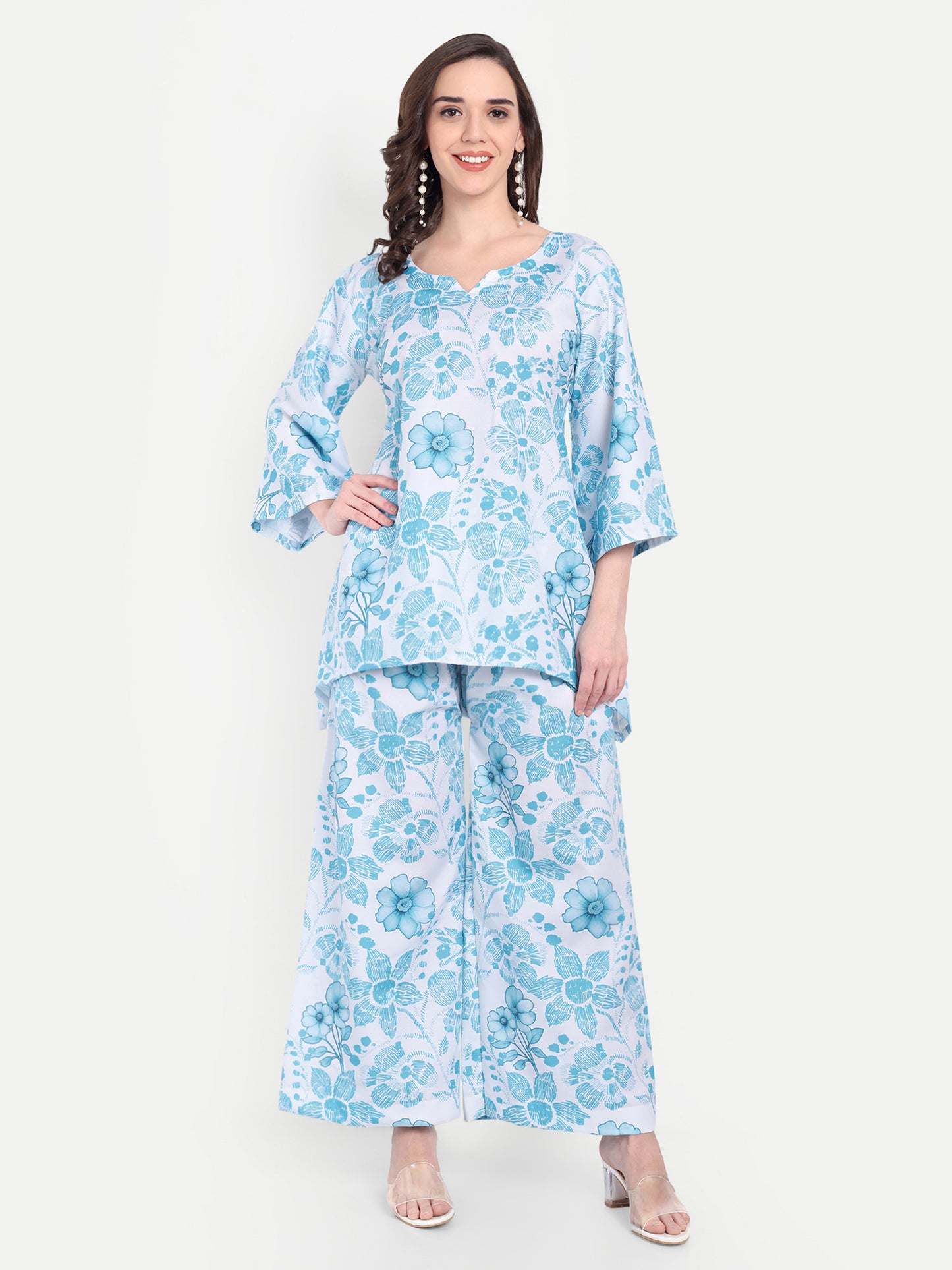 Elegant Women Co-ord Set – Stylish Matching Top & Bottom Outfit for Casual & Party Wear blue and white