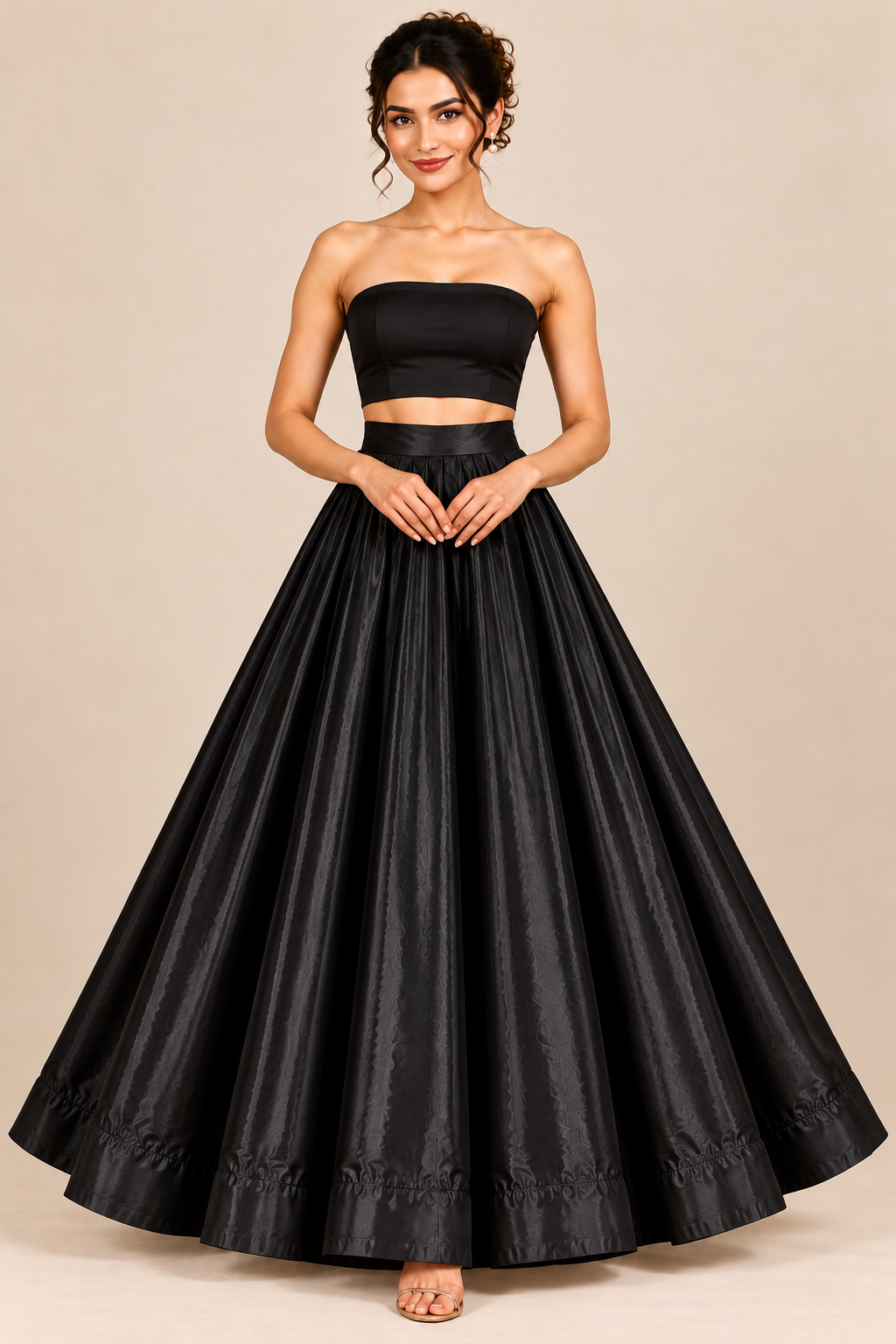 Women’s Black Glass Satin Flared Maxi Skirt | High-Waist Pleated Full-Length Party Wear Skirt