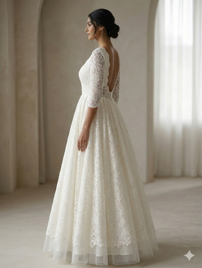 Elegant Women Ivory Lace A-Line Bridal Gown – Scalloped Neckline Flared Hem White Wedding Dress