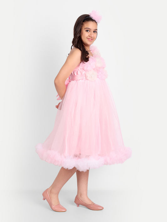 Girls Baby Pink Floral Net Party Gown
