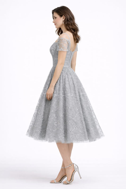 Elegant Silver Grey Embroidered Tulle Midi Dress for Women – Off-Shoulder Party Dress