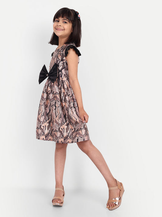 Girls Beige & Black Abstract Print Party Dress with Statement Bow