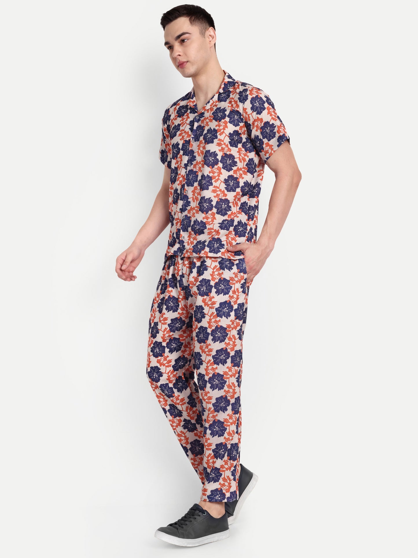 Men’s Co-Ord Set – Trendy T-Shirt & Bottom Wear Combo deep navy blue print