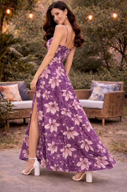 Women’s Purple Floral Print Maxi Dress with High Slit