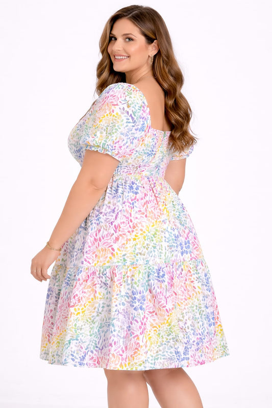 Pastel Floral Smocked Fit & Flare Dress for Women – Puff Sleeve Casual Summer Dress