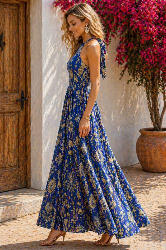 Royal Blue Botanical Halter Neck Maxi Dress for Women – Elegant Backless Summer Dress