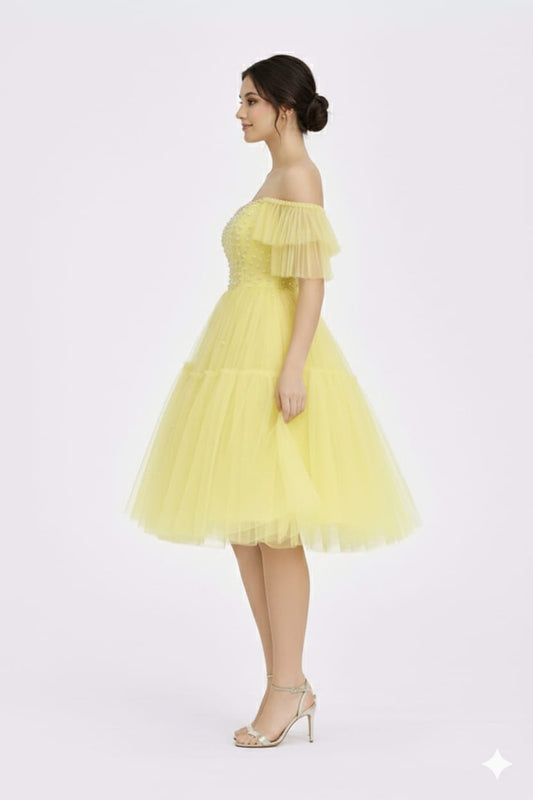 Butter Yellow Pearl Embellished Off-Shoulder Tulle Party Dress for Women