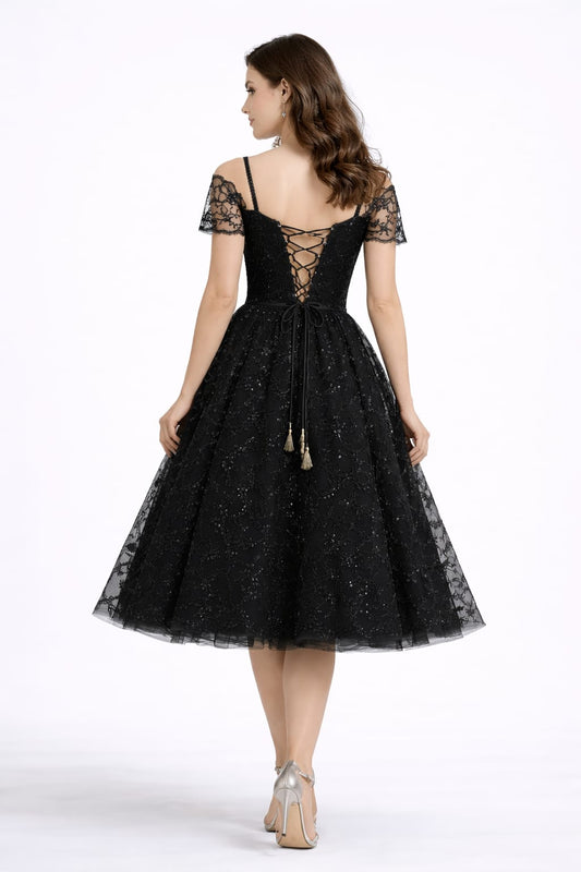 Elegant Women Floral Embroidered Net Fit & Flare Midi Dress – Party & Occasion Wear Black