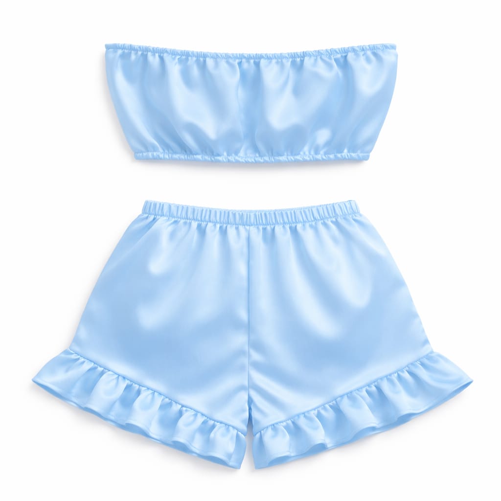 Luxury Women Satin Lounge Set – Strapless Tube Top & Ruffle Shorts Night Suit Sky Blue