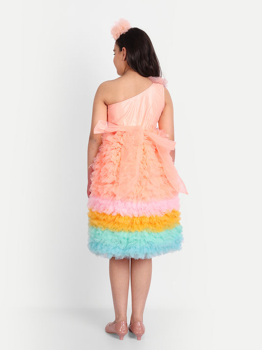 Girls Embellished One Shoulder Net A-Line Dress – Party Wear pink
