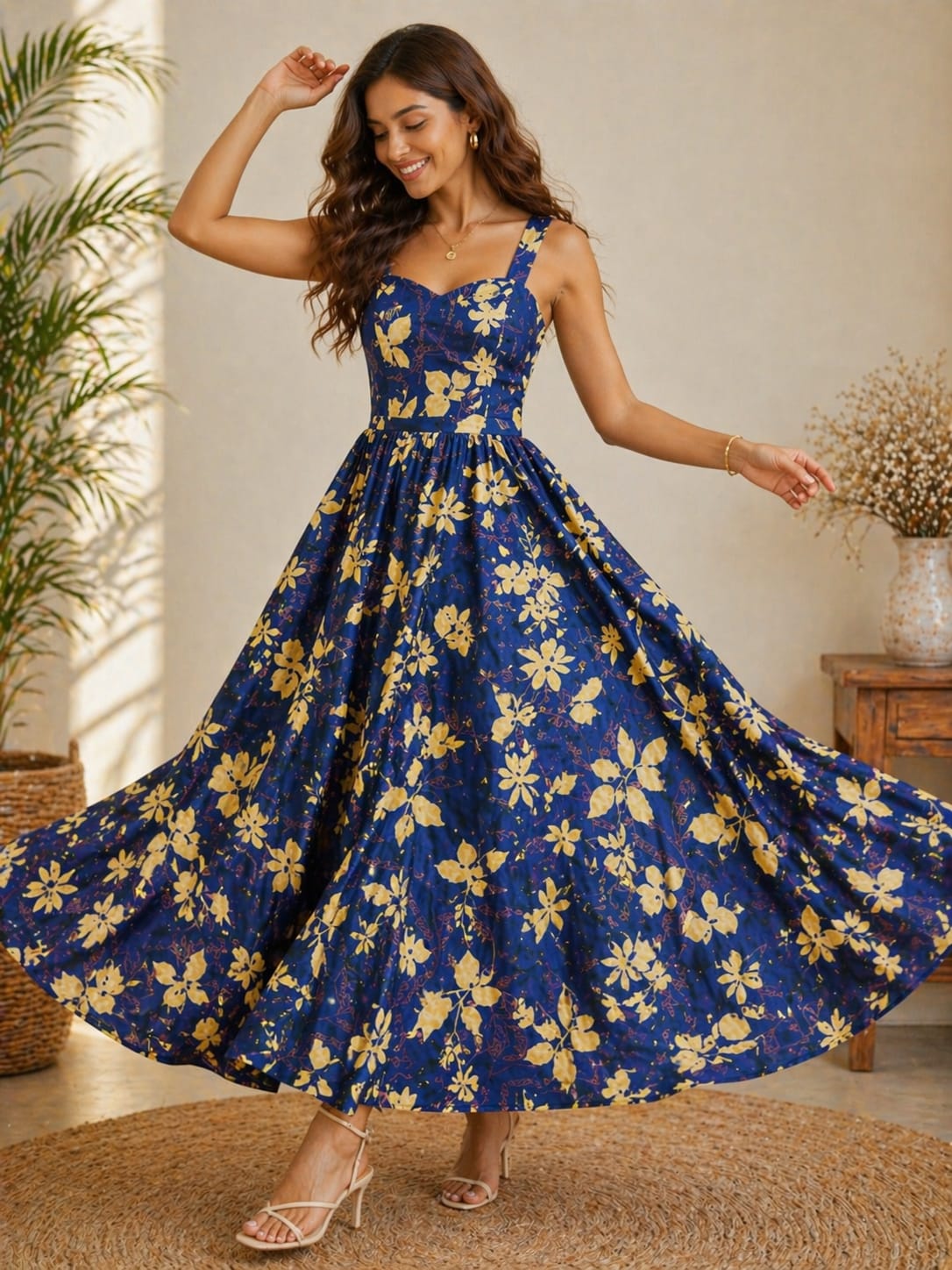 Women’s Navy Blue Floral Print Midi Maxi Dress