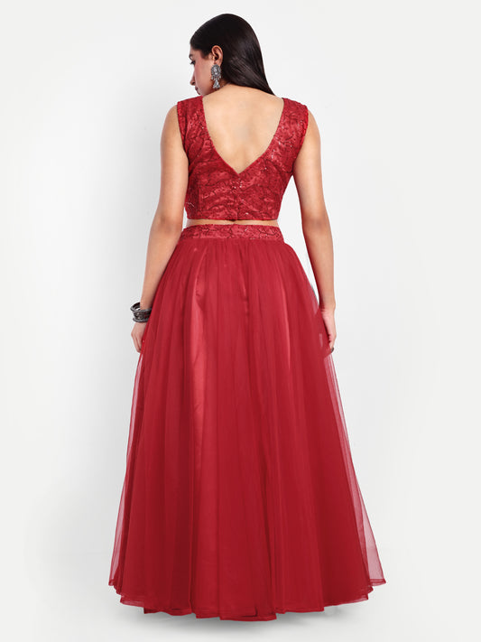 Elegant Women Flared Maxi Net Skirt red