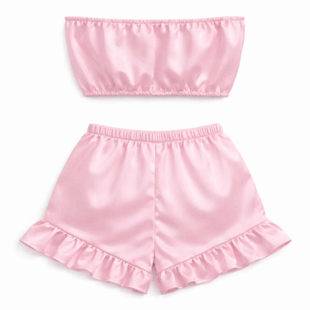 Luxury Women Satin Lounge Set – Strapless Tube Top & Ruffle Shorts Night Suit Baby Pink