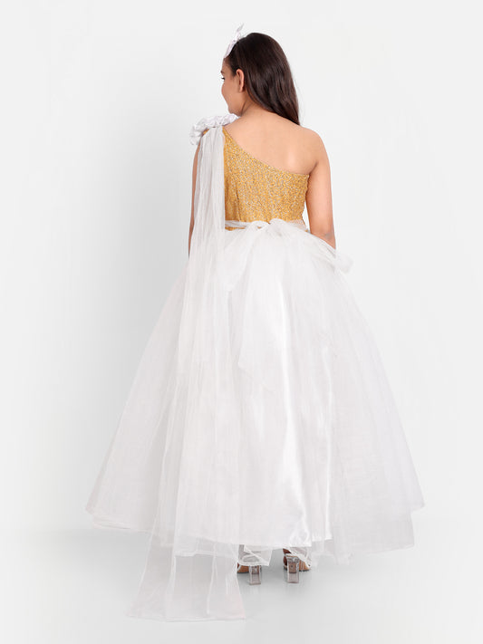 White & Gold One-Shoulder Princess Gown for Girls with Sequin Bodice