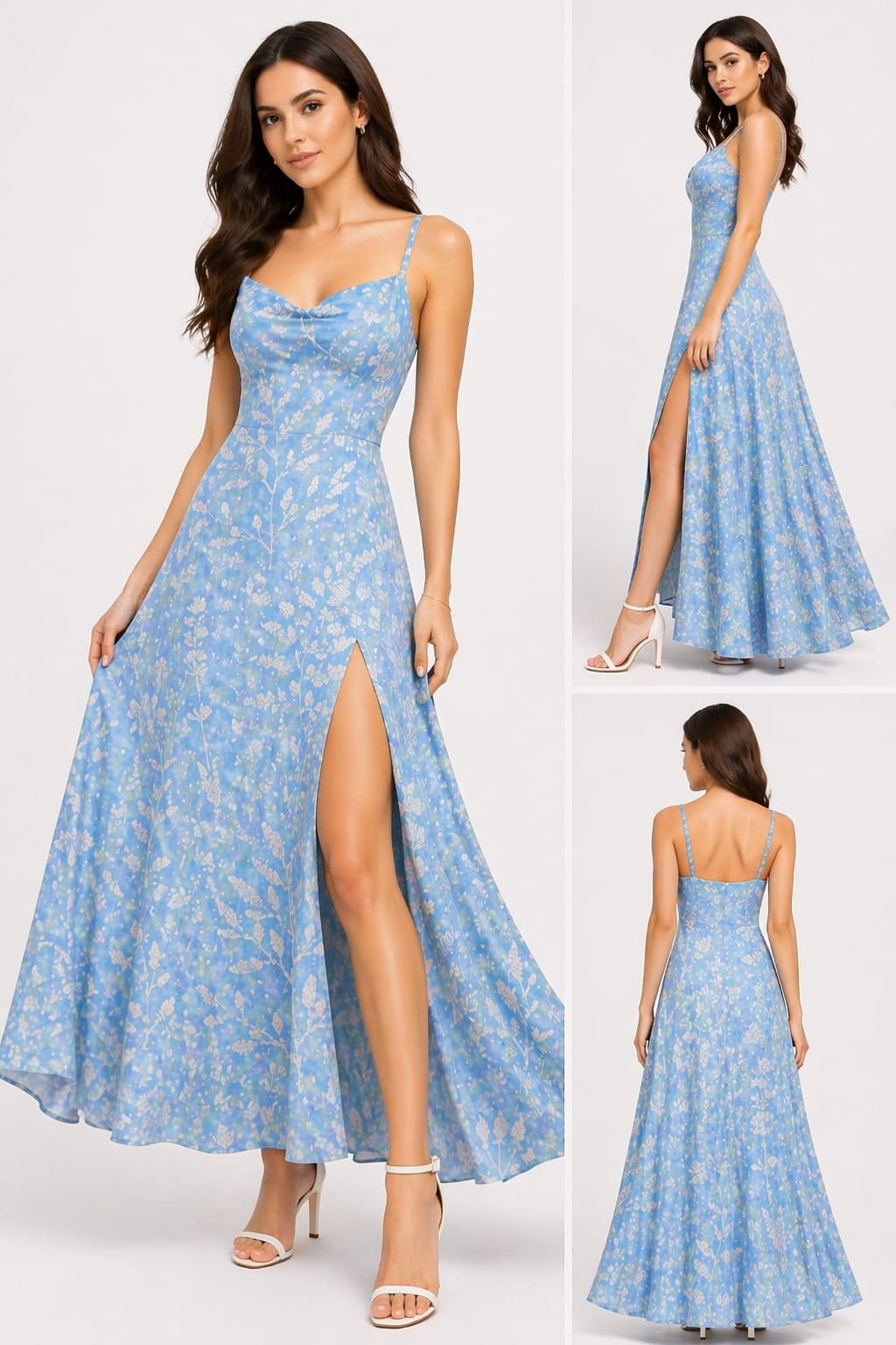 Elegant Sky Blue Floral Print Maxi Dress with Thigh Slit