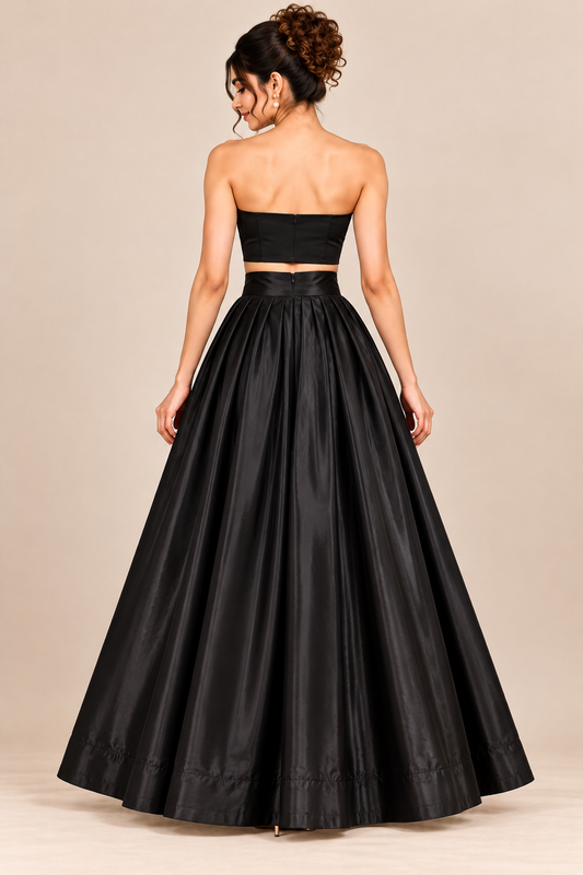 Women’s Black Glass Satin Flared Maxi Skirt | High-Waist Pleated Full-Length Party Wear Skirt