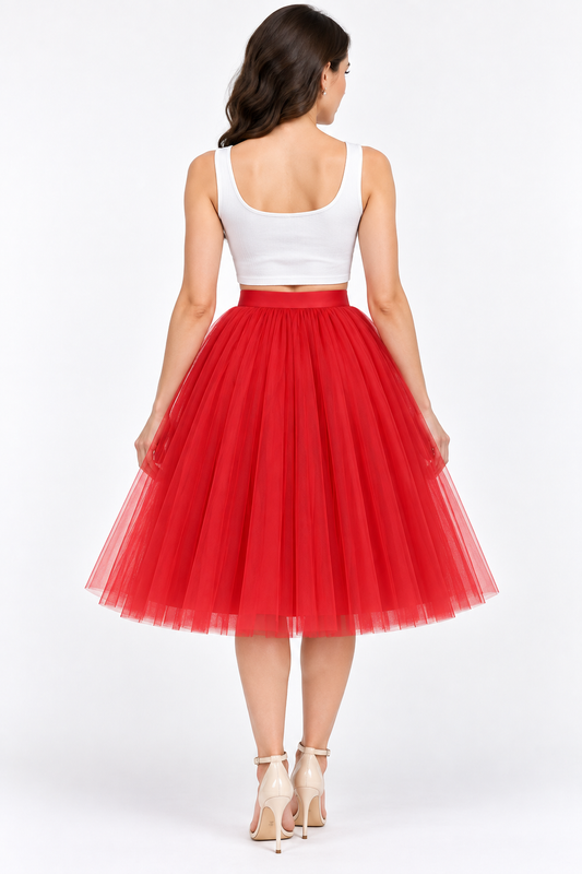 Red Knee Length Skirt for Women | Net Party Wear Skirt