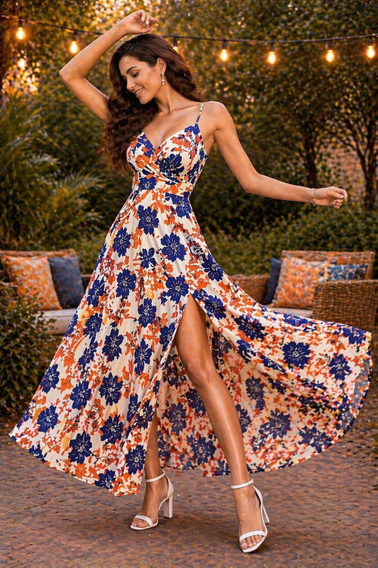 Ivory Blue & Orange Floral Slit Maxi Dress for Women