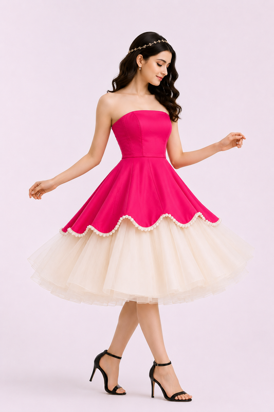 Women's Hot Pink Strapless Fit & Flare Midi Dress | Pearl Trim Layered Tulle Party Dress