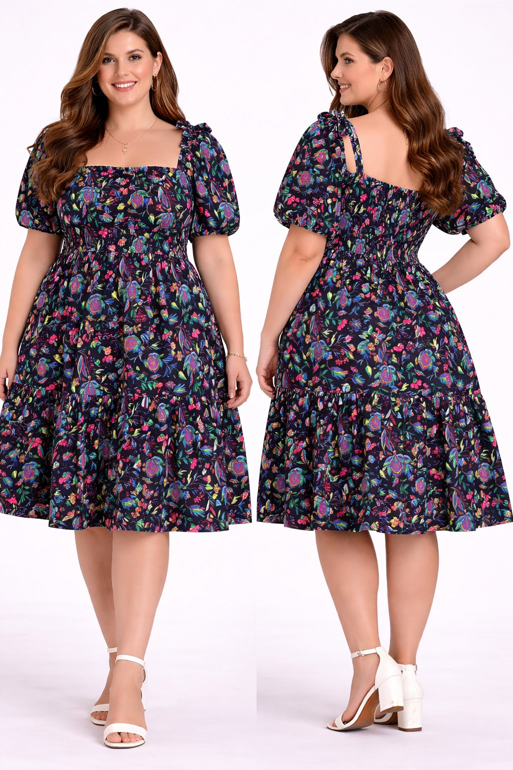Black Floral Print Smocked Fit & Flare Dress for Women – Puff Sleeve Casual Party Dress