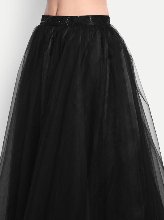 Elegant Women Flared Maxi Net Skirt black