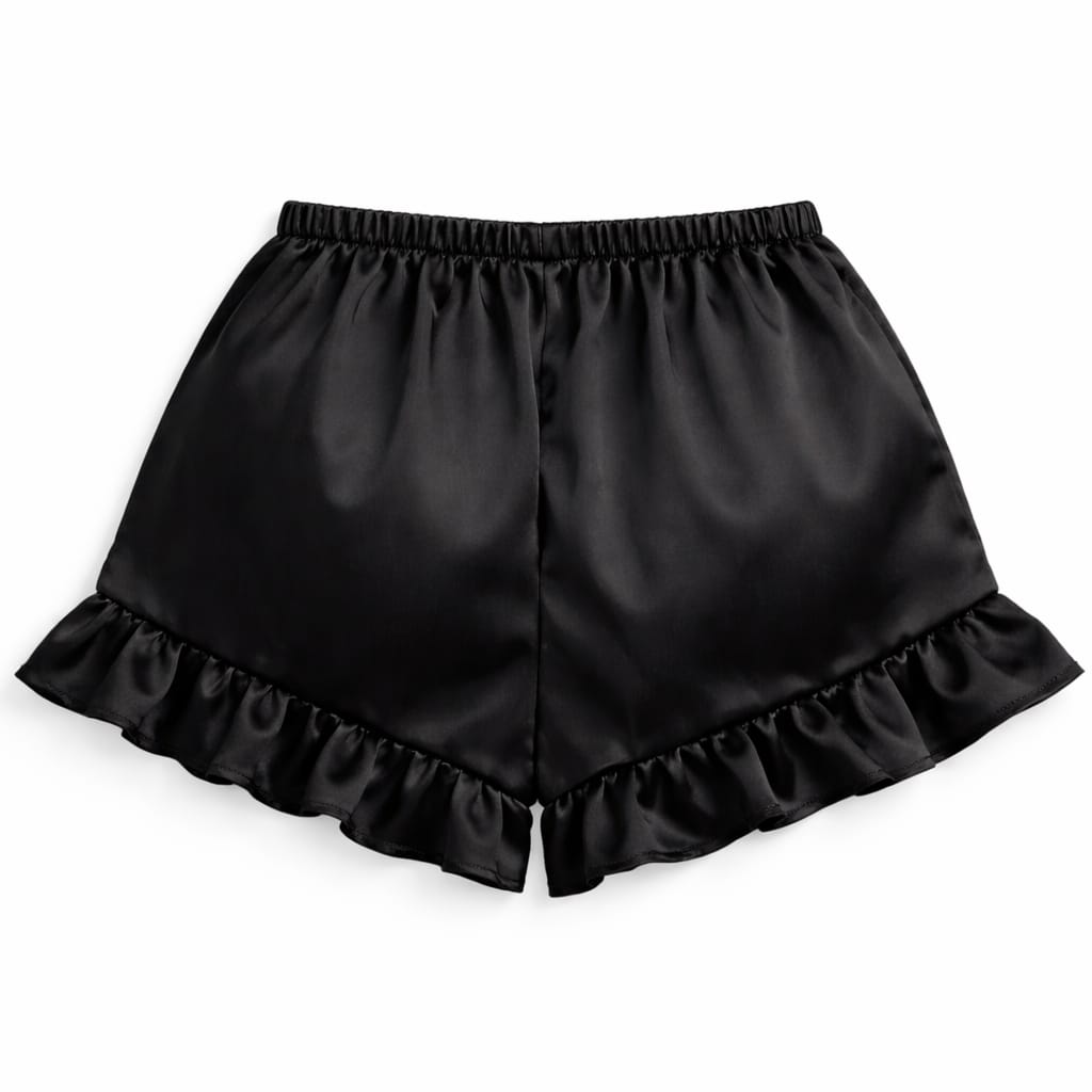 Luxury Women Satin Lounge Set – Strapless Tube Top & Ruffle Shorts Night Suit Black