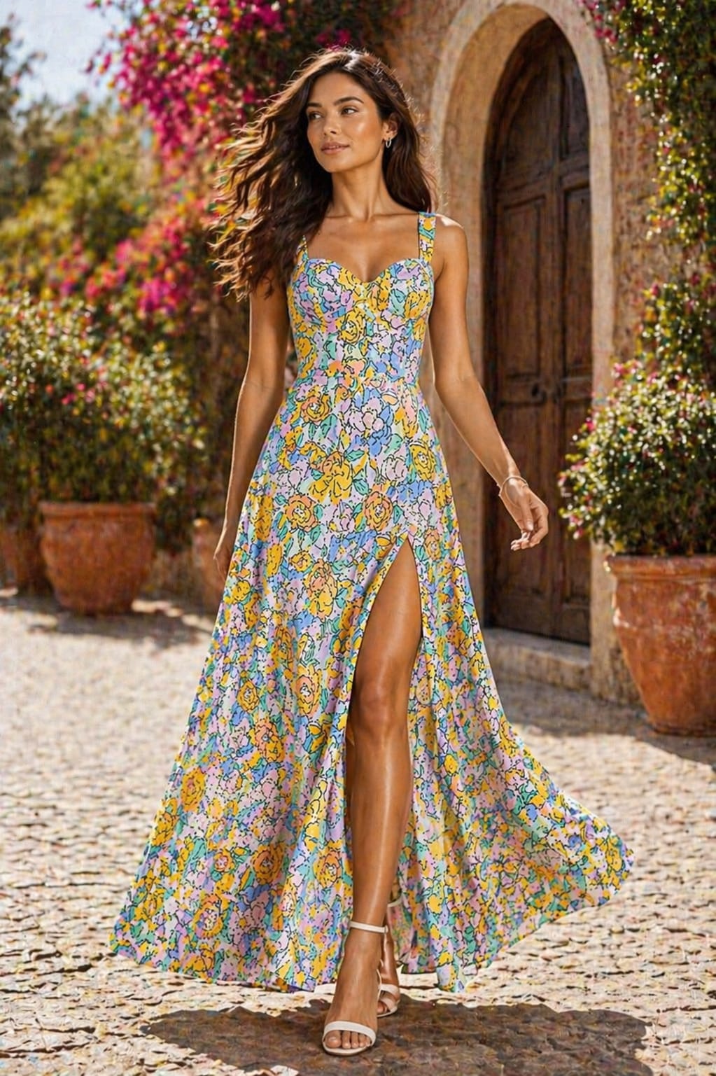Pastel Floral Side Slit Maxi Dress for Women – Elegant Sleeveless Summer Party Dress