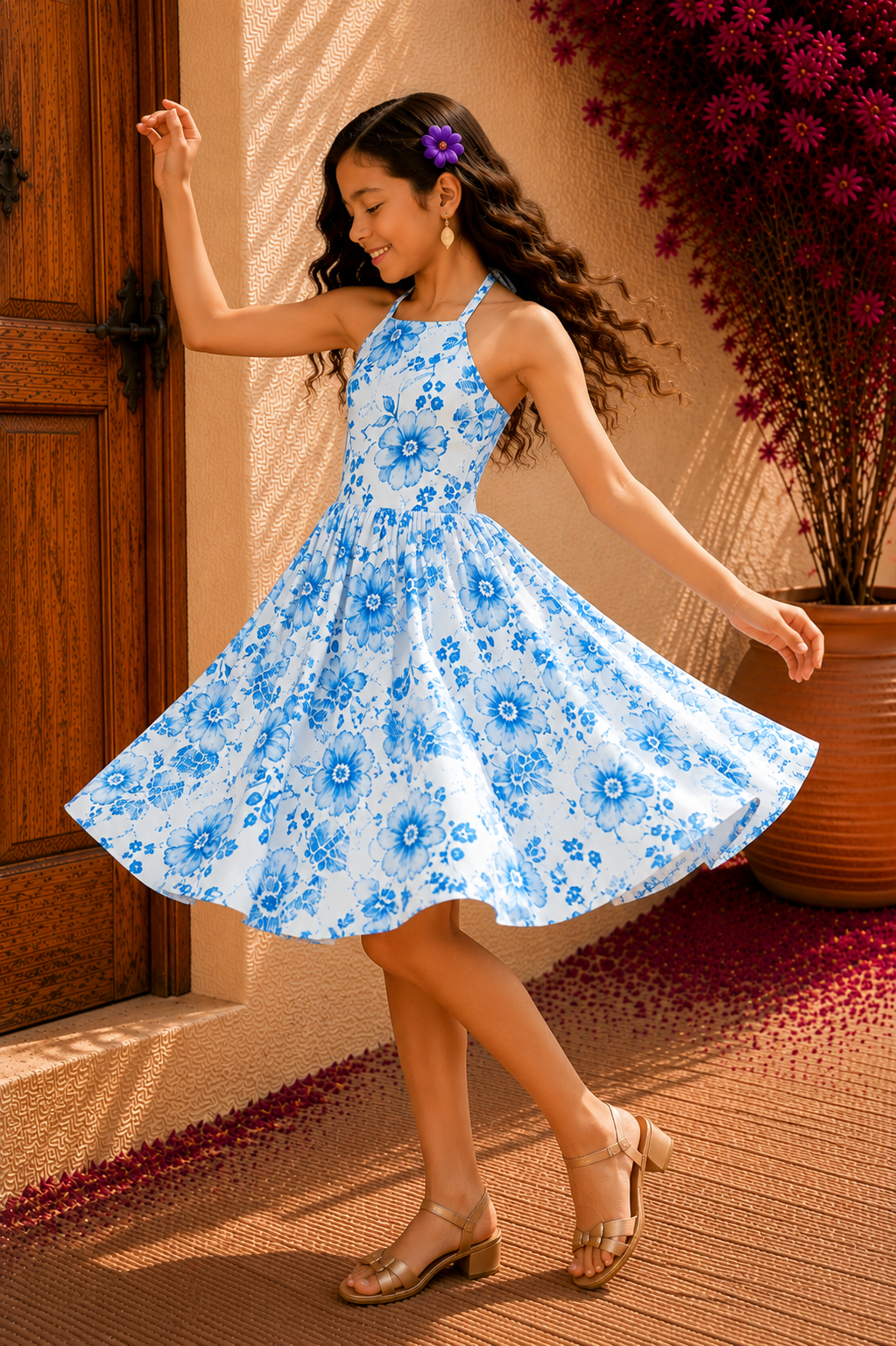 White Blue Floral Frock for Girls | Stylish Cotton Kids Dress