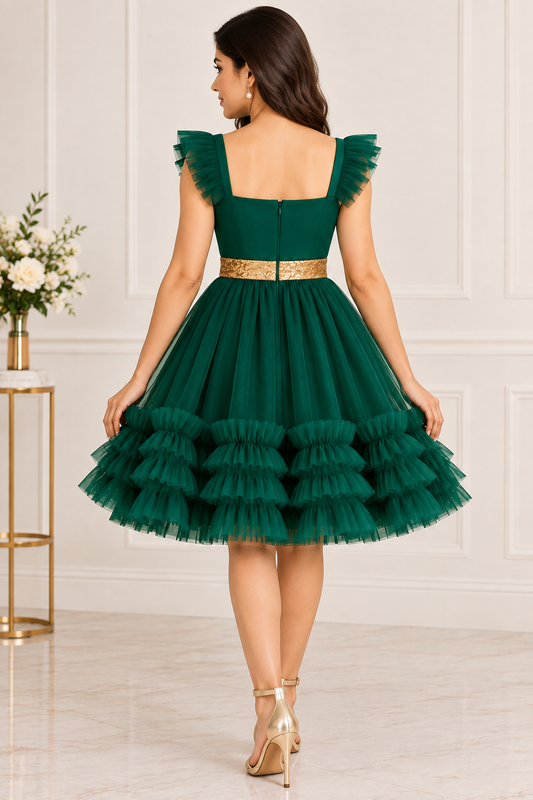 Emerald Green Knee Length Dress for Women | Net Fabric Party Wear