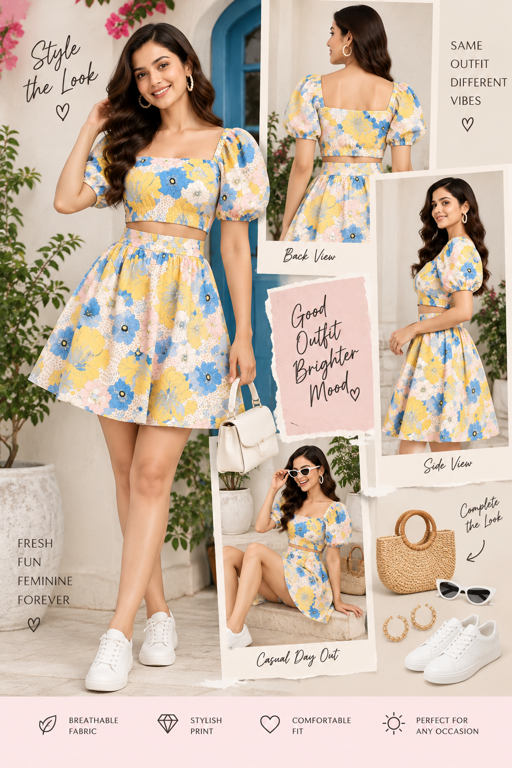 Pastel Floral Crop Top & Skirt Set for Women | White Cotton Co-Ord
