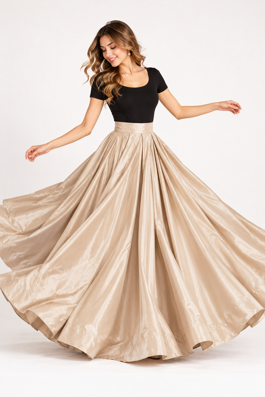 Women’s Champagne Beige Glass Satin Flared Maxi Skirt | High-Waist, Full-Length, Elegant Party Wear Skirt