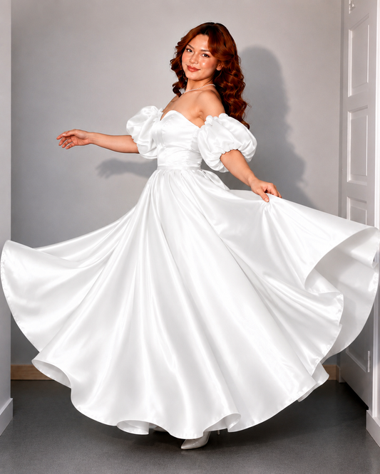 Women’s White Satin Off-Shoulder Puff Sleeve Flared Maxi Gown