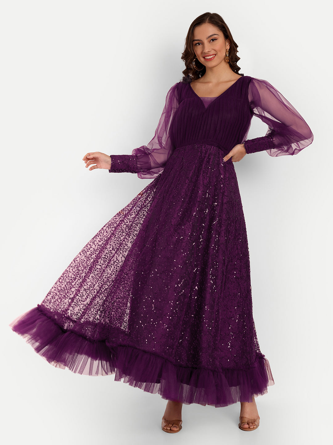 Royal Purple Sequin Net Anarkali Gown for Women