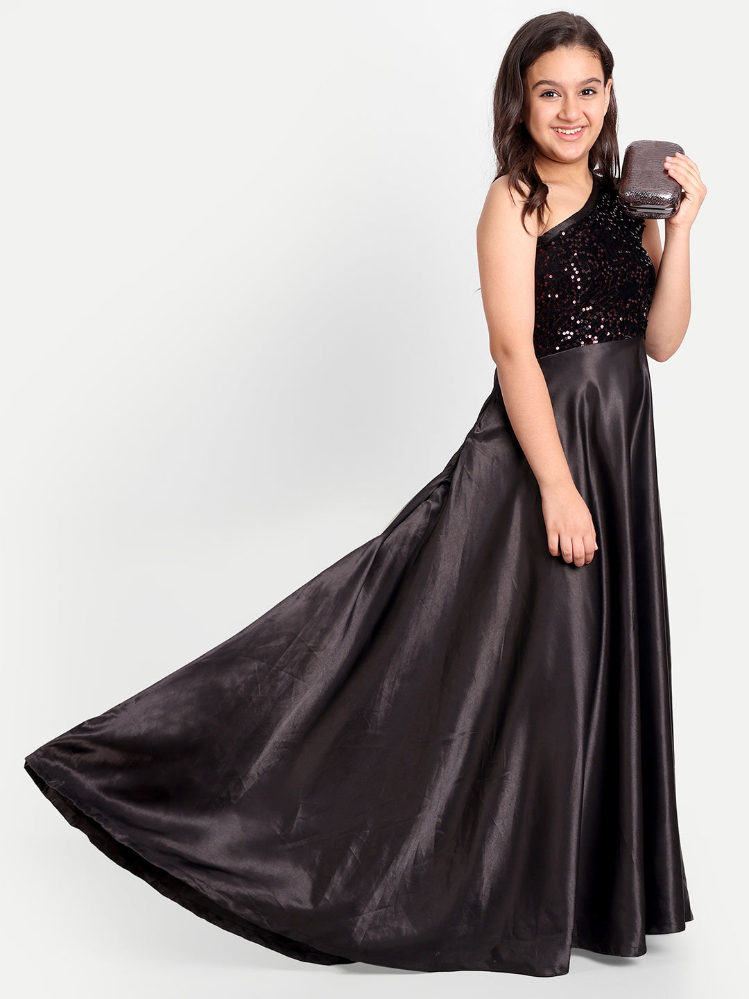 Girls Black One-Shoulder Sequin Party Gown
