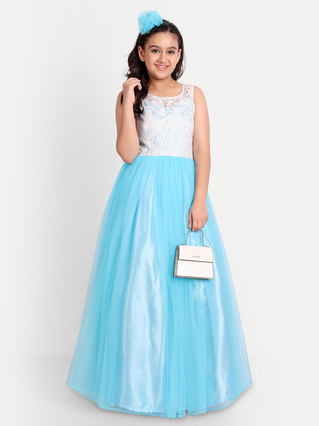 Sky Blue Princess Net Gown for Girls with Floral Lace Bodice
