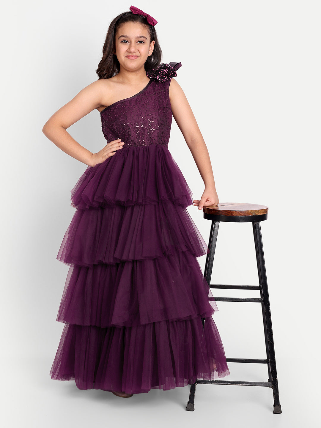 Wine Purple One-Shoulder Layered Tulle Party Gown for Girls