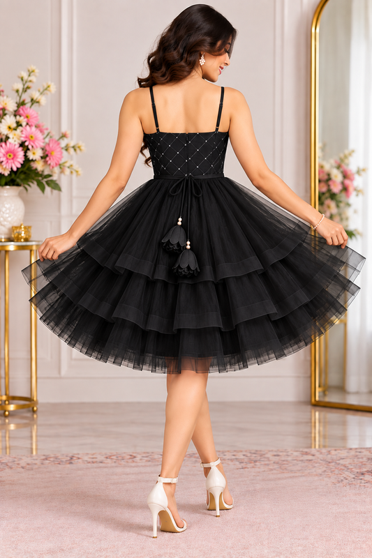 Black 3 Layer Knee Length Dress for Women | Net Fabric Party Wear