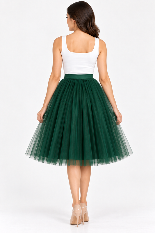 Emerald Green Knee Length Skirt for Women | Net Party Wear Skirt