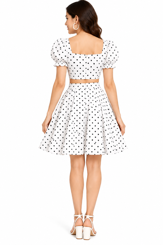 White Polka Dot Crop Top & Skirt Set for Women | Cotton Co-Ord