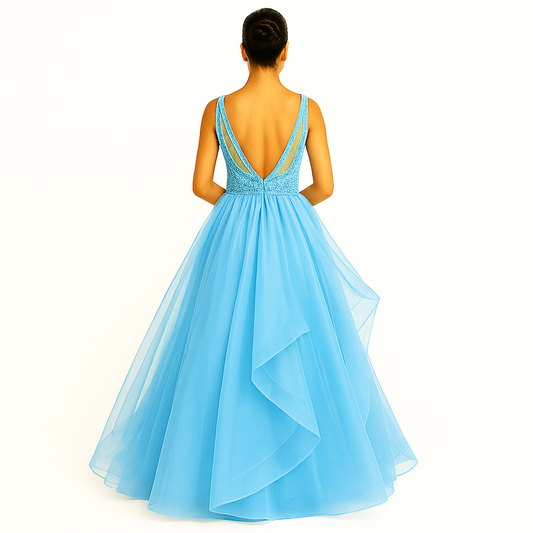 Elegant Women Embellished Sequined Boat Neck Net Fit & Flare Maxi Dress – Party & Evening Gown sky blue