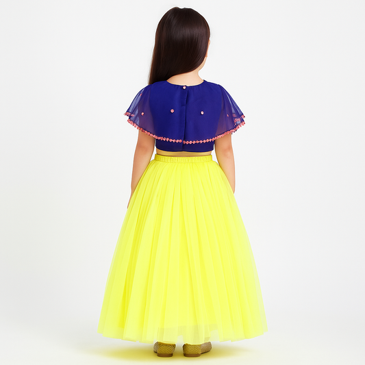 Girls Party Wear Set – Crop Top & Skirt Combo for Kids ( Blue Yellow )