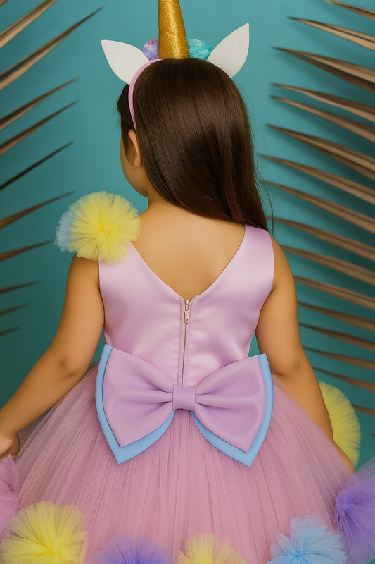 Pastel Unicorn Theme Tulle Party Dress for Baby Girls with Floral Trail