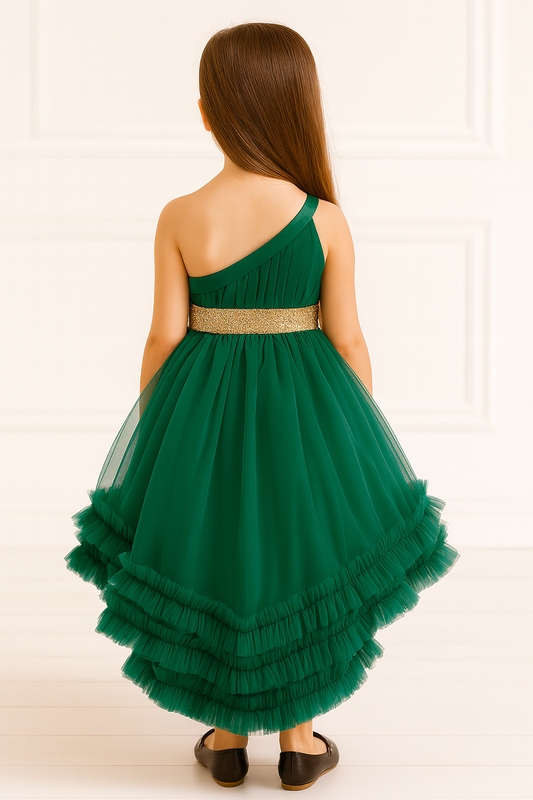 Girls Party Wear Maxi Dress – One Shoulder Net Flare Dress green
