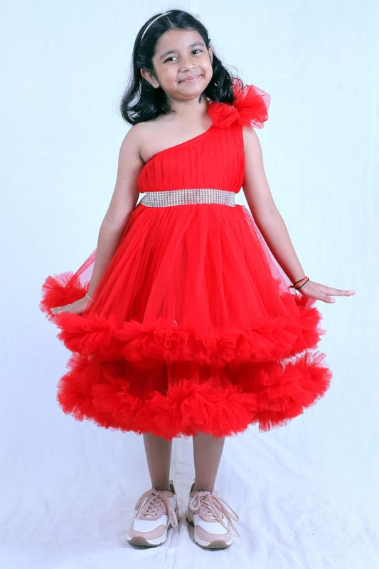 Girls Red One-Shoulder Net Frill Party Dress