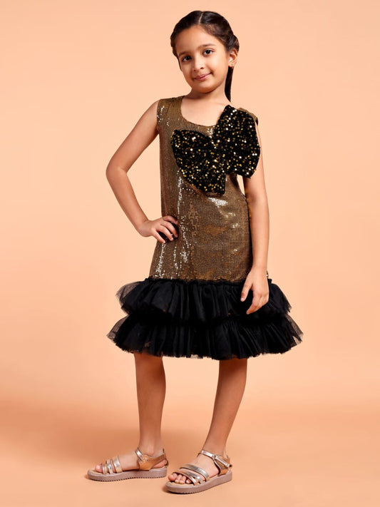 Girls Gold Sequin Party Dress with Black Bow Detail
