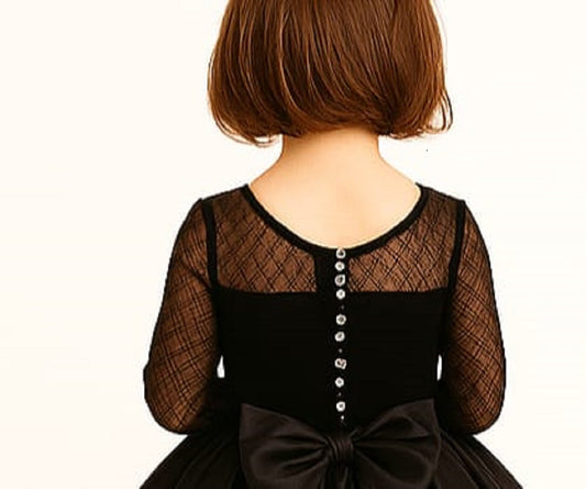 Girls Black High-Low Princess Gown with Full Sleeves & Layered Party Wear Design