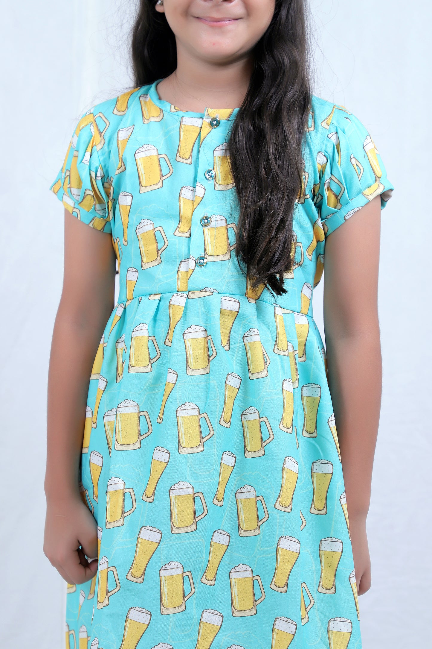 Girls Aqua Blue Printed Cotton Casual Dress